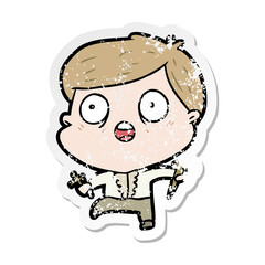 distressed sticker of a cartoon man hunting vampires