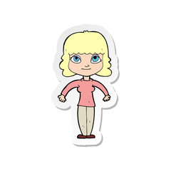 sticker of a cartoon woman shrugging shoulders