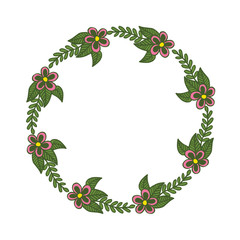 Vector illustration flower frame design and circular green leaves hand drawn