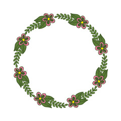 Vector illustration flower frame design and circular green leaves hand drawn
