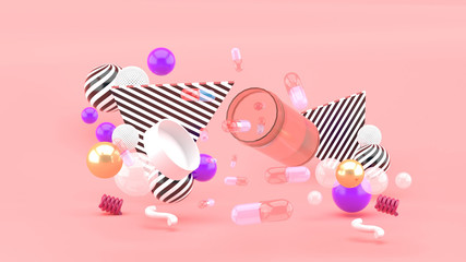 Floating medicine bottle surrounded by colorful balls on pink background.-3d rendering.