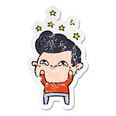 distressed sticker of a cartoon excited man