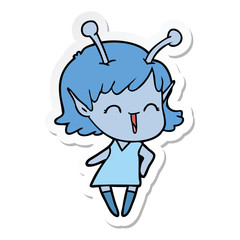 sticker of a cartoon alien girl laughing
