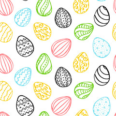 Easter seamless pattern with blue, green, yellow, pink and black hand drawn eggs on white background. Doodling style. Vector 10 EPS illustration