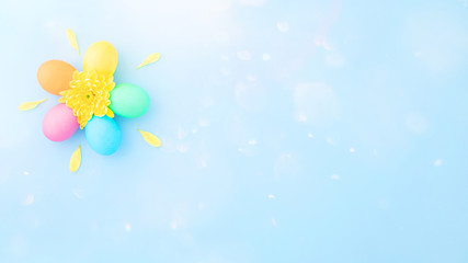 Colorful Easter eggs with springtime yellow flower on a light blue background. Flat lay. Top view. Copy space