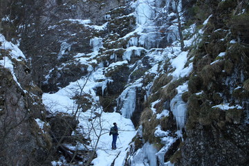 Trekker in canyon Jánošíkove diery in Malá Fatra mountains, Slovakia