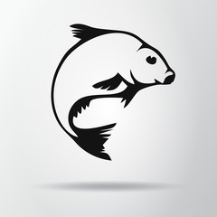 Black fish logo isolated on gray background with shadow. Bream icon, symbol. Abramis brama. Vector Illustration, EPS10.