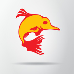 Goldfish logo isolated on gray background with shadow. Fantastic fish icon, symbol, sign. Vector Illustration, EPS10.