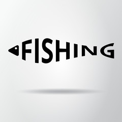 Stylized word in shape of fish isolated on gray. Fishing logo. Web icon, symbol, sign. Vector Illustration, EPS10.