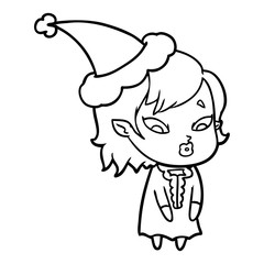 cute line drawing of a vampire girl wearing santa hat