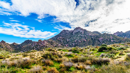 View of the rugged rocky mountains in the McDowell Mountain Range around Phoenix, Arizona viewed...