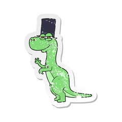retro distressed sticker of a cartoon dinosaur wearing top hat
