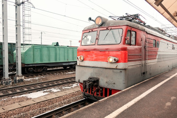 Fototapeta na wymiar Train at the station in winter, close-up
