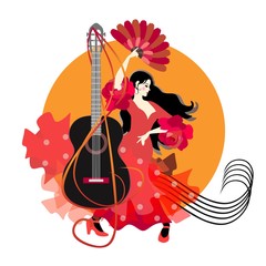 Flamenco logotype. Young spanish girl dressed in red dress, dancing against sun background. Black guitar, treble clef and musiacal rulers in shape of vortex.
