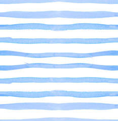 Seamless pattern with horizontal blue stripes hand painted in watercolor on white isolated background