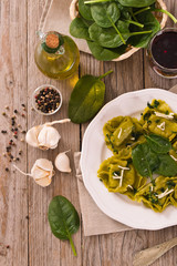 Spinach ravioli with ricotta cheese filling. 