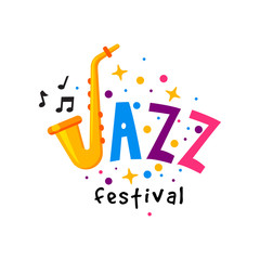Original flat vector badge for jazz festival. Colorful abstract emblem with golden saxophone. Musical instrument