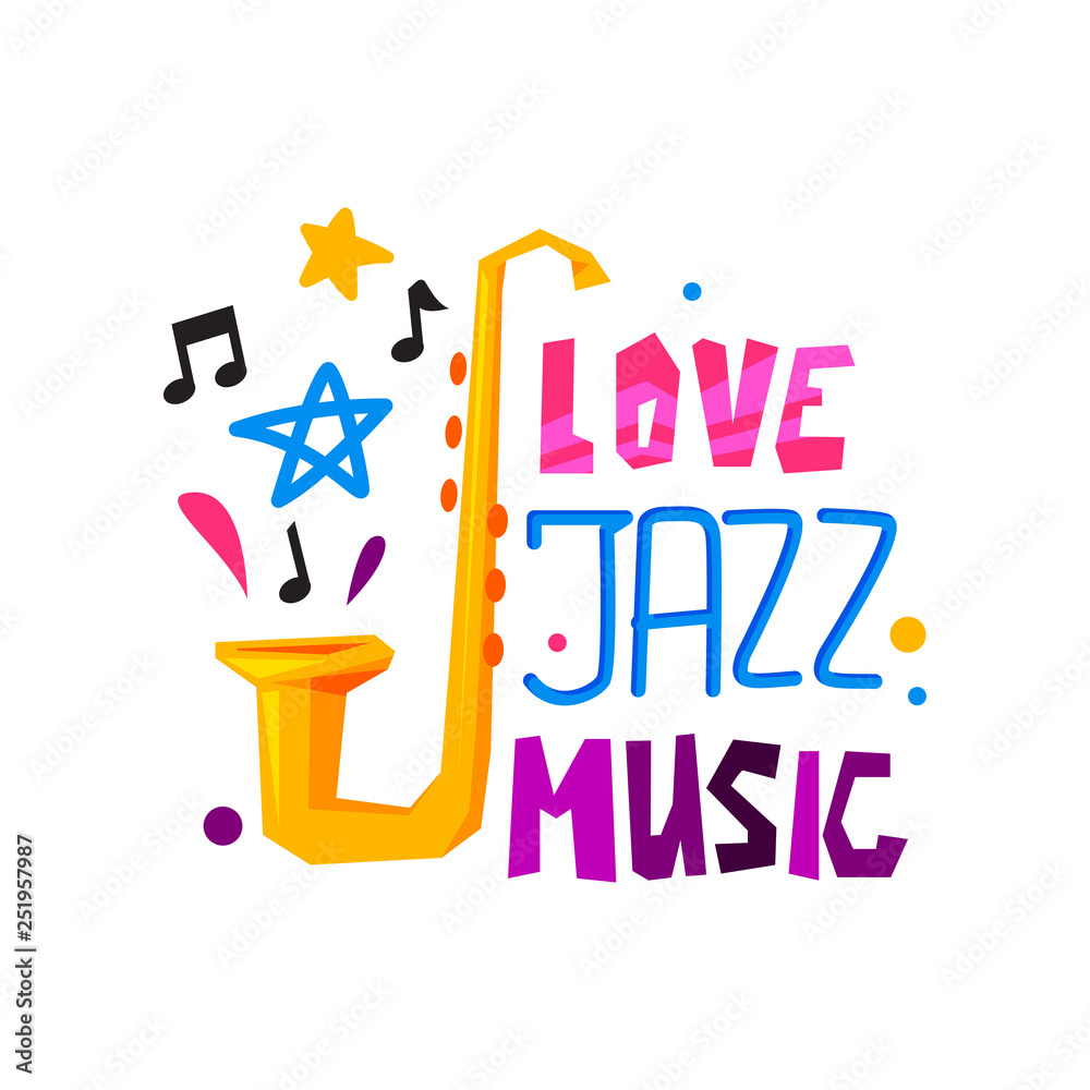 Wall mural Original emblem for jazz festival. Abstract logo with saxophone, stars and musical notes. Flat vector design