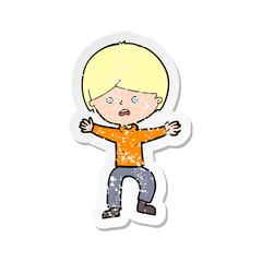 retro distressed sticker of a cartoon boy panicking