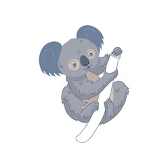 Funny koala on trunk of tree. Australian marsupial bear. Wild animal. Wildlife and zoo theme. Vector design