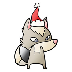 shy gradient cartoon of a wolf wearing santa hat