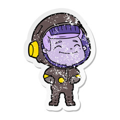 distressed sticker of a happy cartoon astronaut