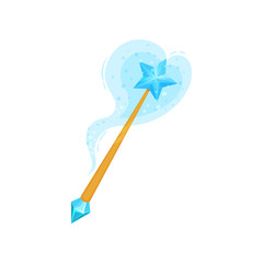 Golden magic wand decorated with bright blue gemstone and shining star. Stick with magical power. Flat vector icon
