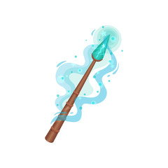 Wooden magic wand with blue gemstone and dust. Tool of wizard. Witchcraft theme. Flat vector design