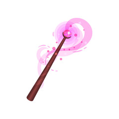 Flat vector icon of wooden magic wand with pink precious stone. Stick with magical glow. Witchcraft theme