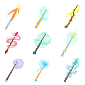 Flat vector set of different magic wands. Sticks with magical glow. Witchcraft theme colorful icons