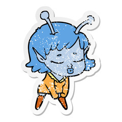 distressed sticker of a cute alien girl cartoon