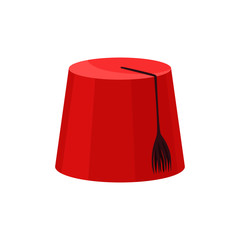 Red fez with black tassel. National Turkish headwear. Traditional felt headdress in cylindrical shape. Flat vector icon - obrazy, fototapety, plakaty