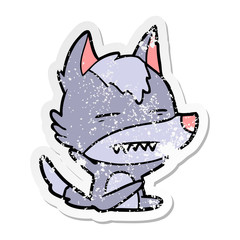 distressed sticker of a cartoon wolf showing teeth
