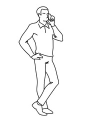 Man standing and talking on the phone. Front view. Monochrome vector illustration of adult man in shirt calling by phone in simple line art style. Black lines isolated on white background. Concept