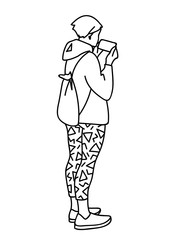 Teenage girl with backpack standing, attentively looking at mobile phone. Vector illustration of young woman checking social networks or watching video. Concept. Black lines on white background