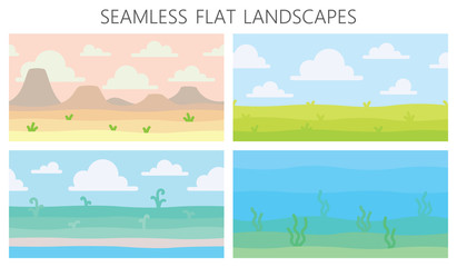 Soft nature landscapes. Desert with mountains, green summer field, coast, plants, underwater view with seaweed. Vector illustration of horizontal seamless landscapes in simple minimalistic flat style.