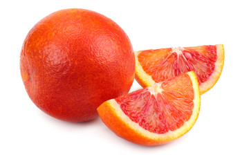 Red blood orange fruit with slices isolated on white background
