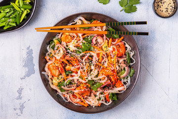 Asian salad with rice noodles, shrimp and vegetables.