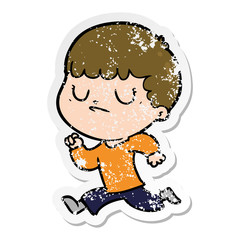 distressed sticker of a cartoon grumpy boy