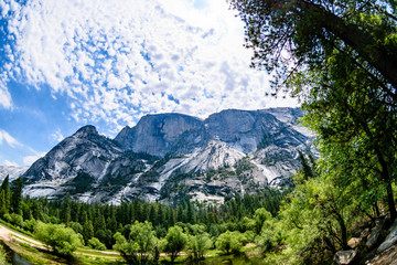 Panoramic view from Mirror Lake on the Half Dome in Yosemite National Park
