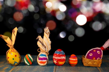  beautiful colorful, painted Easter eggs on a shiny background 