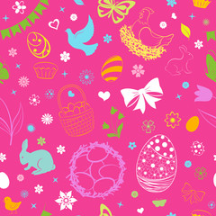 Seamless pattern of eggs, flowers, cakes, hare, hen, chicken and other Easter symbols, multicolored on pink