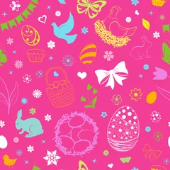 Tafelkleed Seamless pattern of eggs, flowers, cakes, hare, hen, chicken and other Easter symbols, multicolored on pink © Olga Moonlight