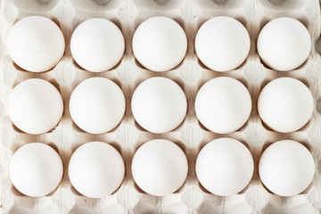 White Chicken Eggs in paper tray on white background. Flat lay, top view