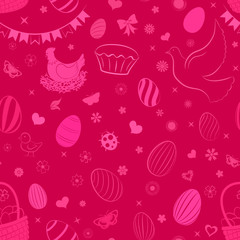 Seamless pattern of eggs, flowers, cakes, hare, hen, chicken and other Easter symbols in red colors