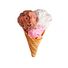 Crispy ice cream waffle cone with three scoops of vanilla, chocolate, strawberry ice cream on white background isolated close up top view, ice cream wafer cup design, sweet summer cold dessert pattern