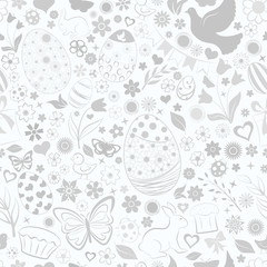 Seamless pattern of eggs, flowers, cakes, hare, hen, chicken and other Easter symbols, gray on white