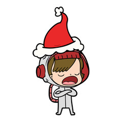line drawing of a astronaut woman explaining wearing santa hat