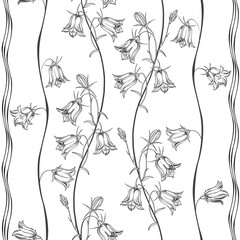 Seamless vector pattern with flowers bluebells on a white background. Black and white nature background.