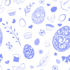 Seamless pattern of eggs, flowers, cake, gift box and other Easter symbols, blue on white